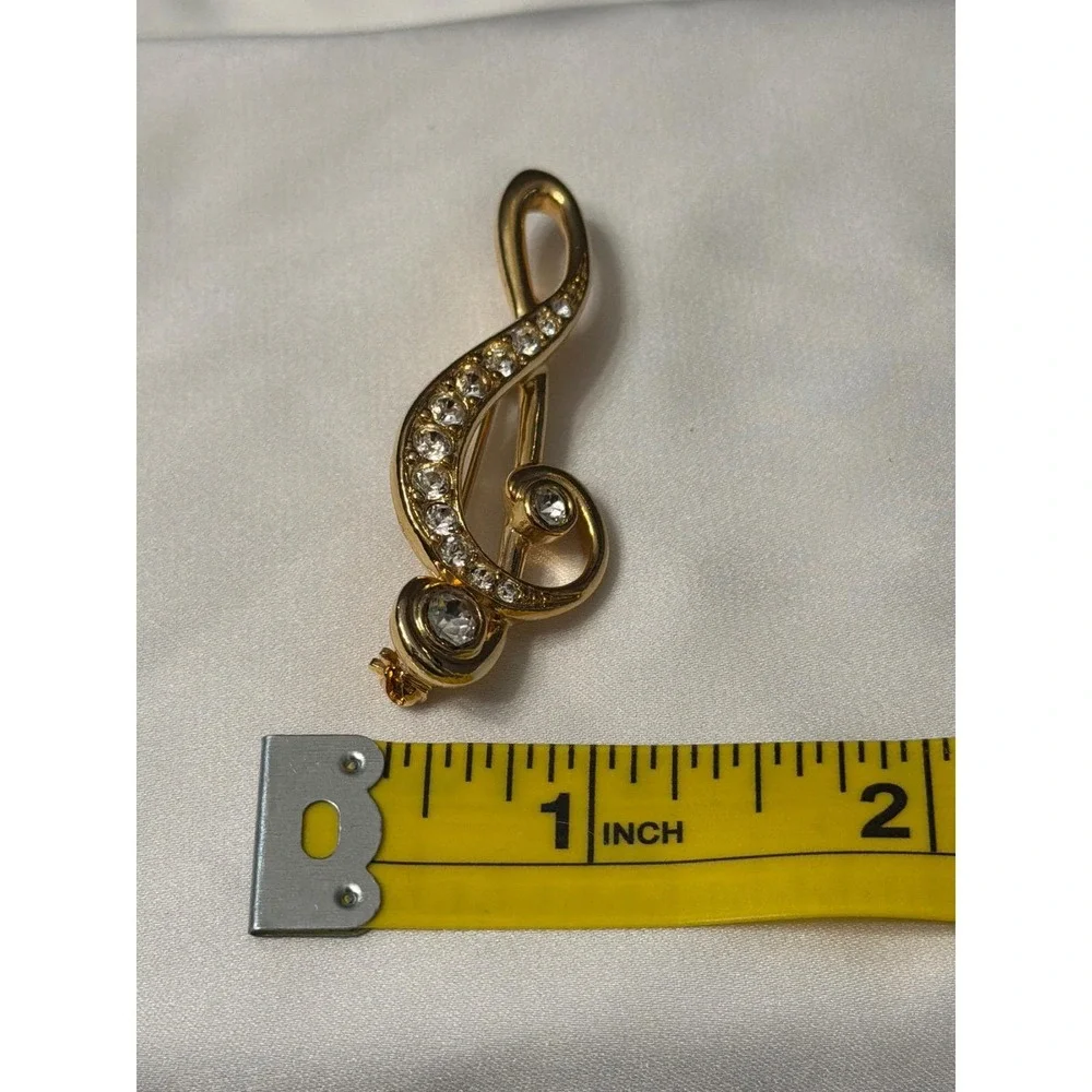 Gold Tone Treble Clef Brooch Clear Rhinestone Music Note G Clef Pin 1.75 Inch